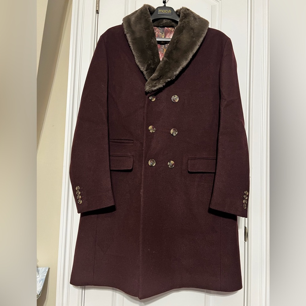 Men's  classic fit Double-Breasted Overcoat with Faux Fur Shawl Collar-Burgundy